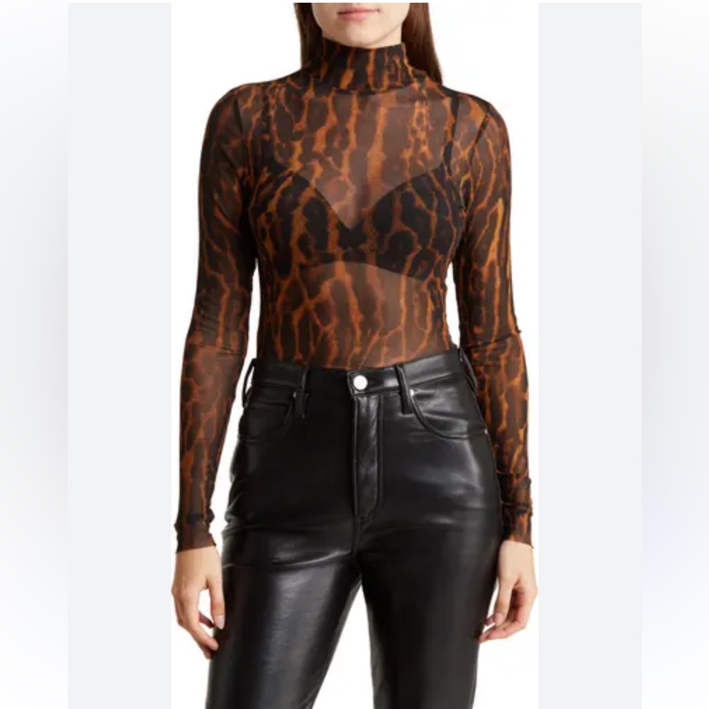 AFRM Brown and Black Sheer Animal Print Turtleneck Top